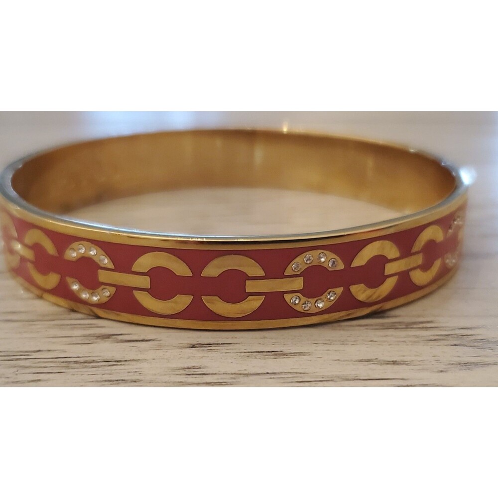COACH Signature C Logo Pink Enamel & Gold-Tone w/Crystals Bangle Bracelet